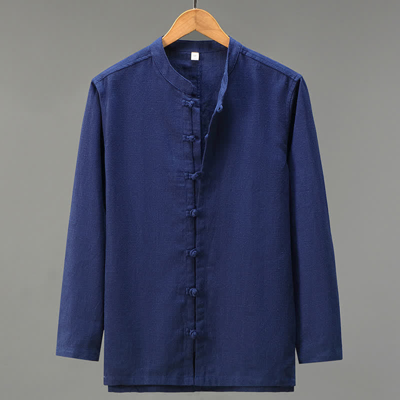 Buddha Stones Spring Casual Tang Style Frog Button Solid Men's Long Sleeve Shirts - Navy - US/UK/AU42，EU52 (3XL) - image 13