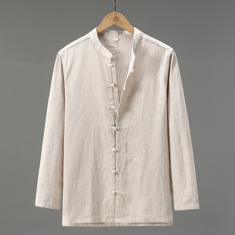 Buddha Stones Spring Casual Tang Style Frog Button Solid Men's Long Sleeve Shirts - Beige - US/UK/AU42，EU52 (3XL) - image 0