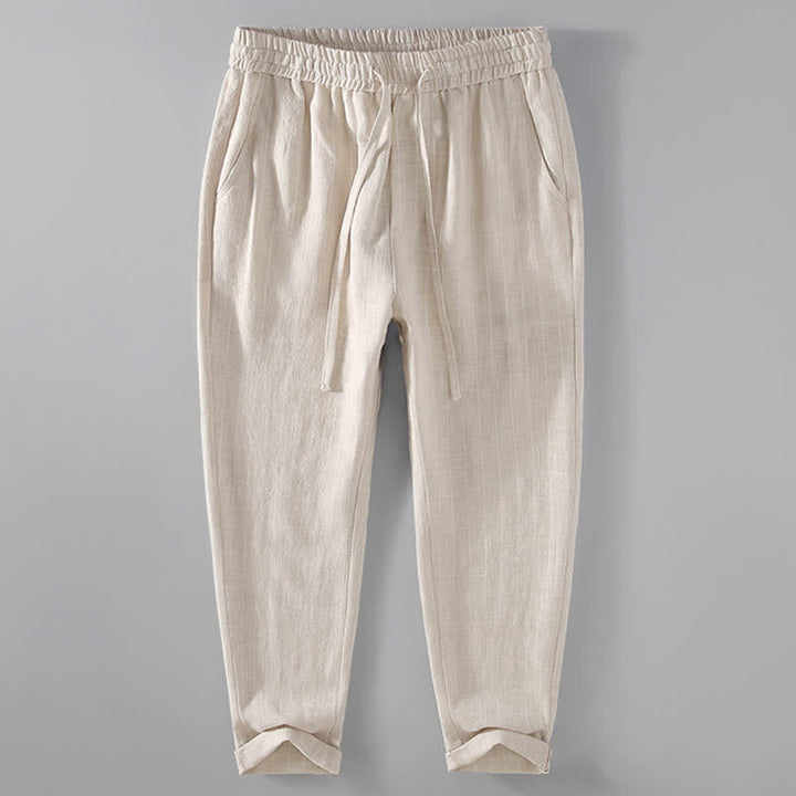 Buddha Stones Spring Summer Casual Drawstring Striped Cropped Pants Men's Tapered Pants With Pockets - Beige - US/UK/AU42，EU52 (3XL) - image 2