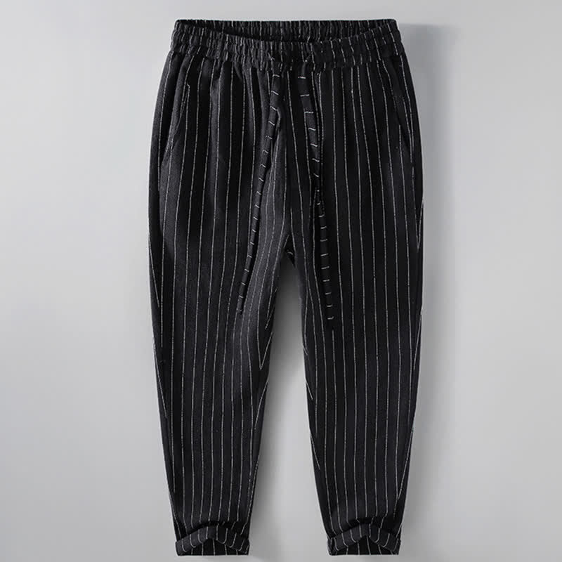 Buddha Stones Spring Summer Casual Drawstring Striped Cropped Pants Men's Tapered Pants With Pockets - Black - US/UK/AU42，EU52 (3XL) - image 1
