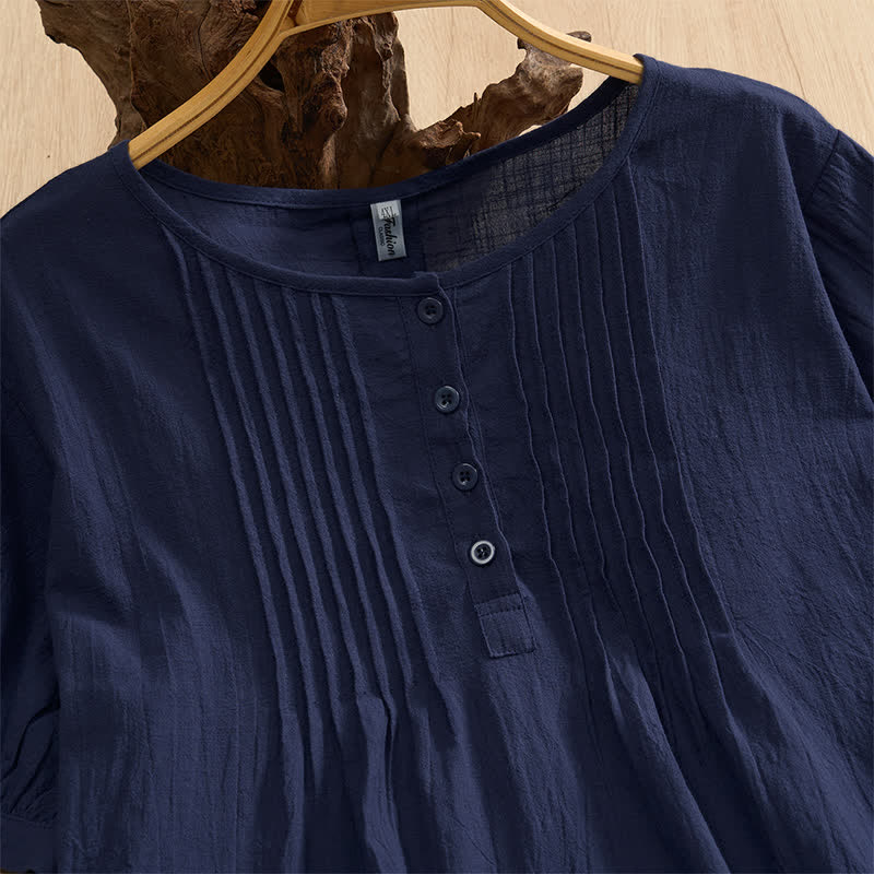 Buddha Stones Summer Casual Minimalist Button-Up Solid Cotton Women's Short Sleeve Shirts - image 2