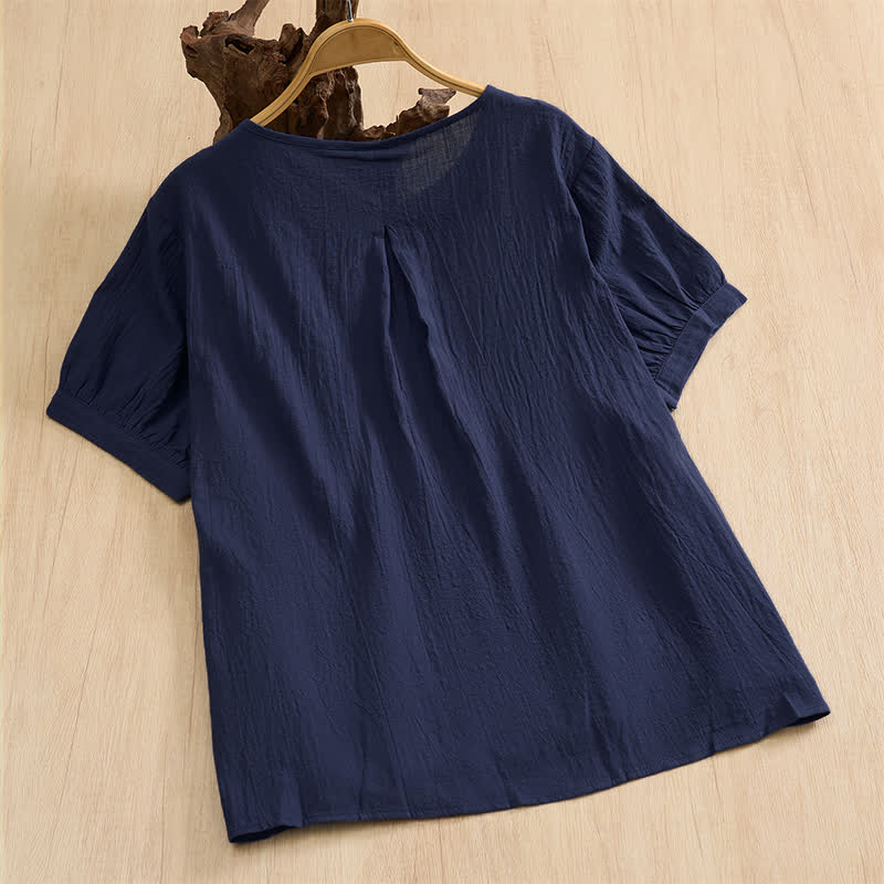 Buddha Stones Summer Casual Minimalist Button-Up Solid Cotton Women's Short Sleeve Shirts - image 1