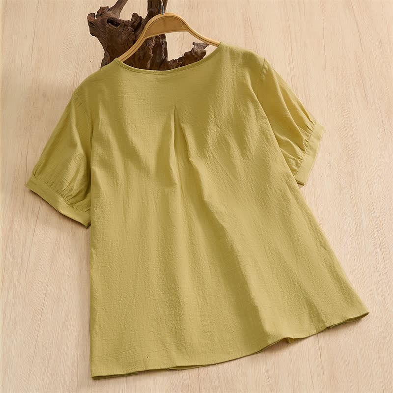 Buddha Stones Summer Casual Minimalist Button-Up Solid Cotton Women's Short Sleeve Shirts - image 17