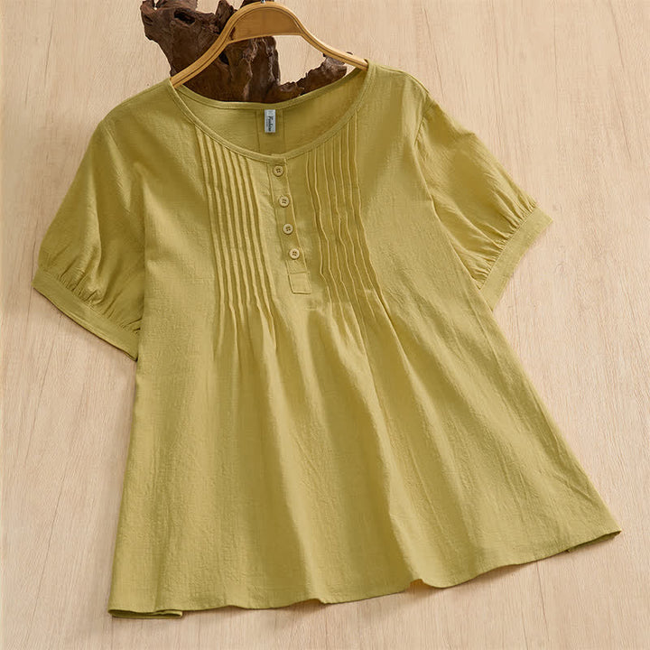 Buddha Stones Summer Casual Minimalist Button-Up Solid Cotton Women's Short Sleeve Shirts - DarkKhaki - US16, UK/AU20, EU48 (5XL) - image 16