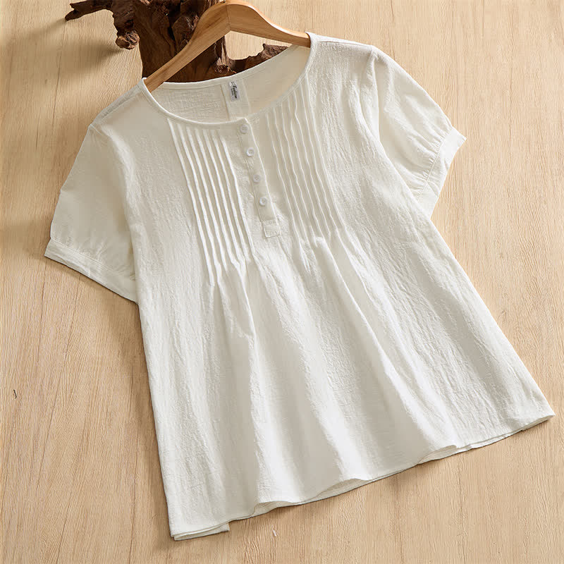 Buddha Stones Summer Casual Minimalist Button-Up Solid Cotton Women's Short Sleeve Shirts - White - US16, UK/AU20, EU48 (5XL) - image 24