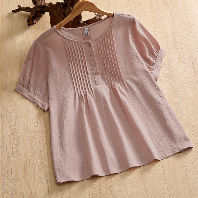 Buddha Stones Summer Casual Minimalist Button-Up Solid Cotton Women's Short Sleeve Shirts - LightPink - US16, UK/AU20, EU48 (5XL) - image 8