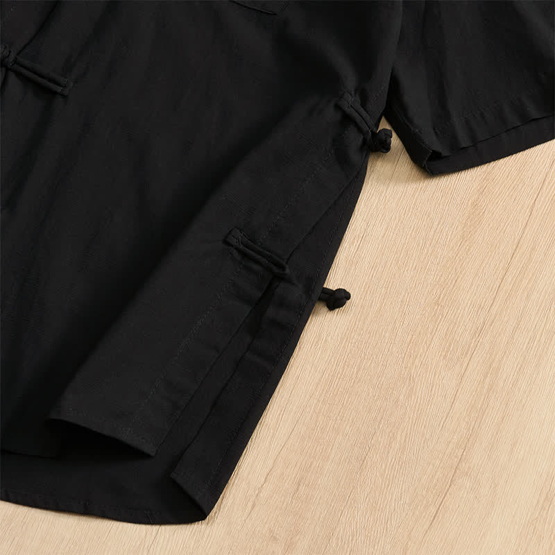 Buddha Stones Summer Casual Tang Style Frog Button Solid Men's Short Sleeve Shirts With Patch Pockets - image 23