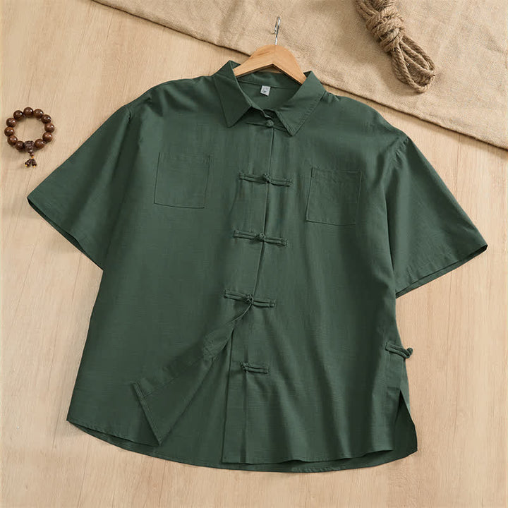 Buddha Stones Summer Casual Tang Style Frog Button Solid Men's Short Sleeve Shirts With Patch Pockets - SeaGreen - US/UK/AU46, EU56 (5XL) - image 8