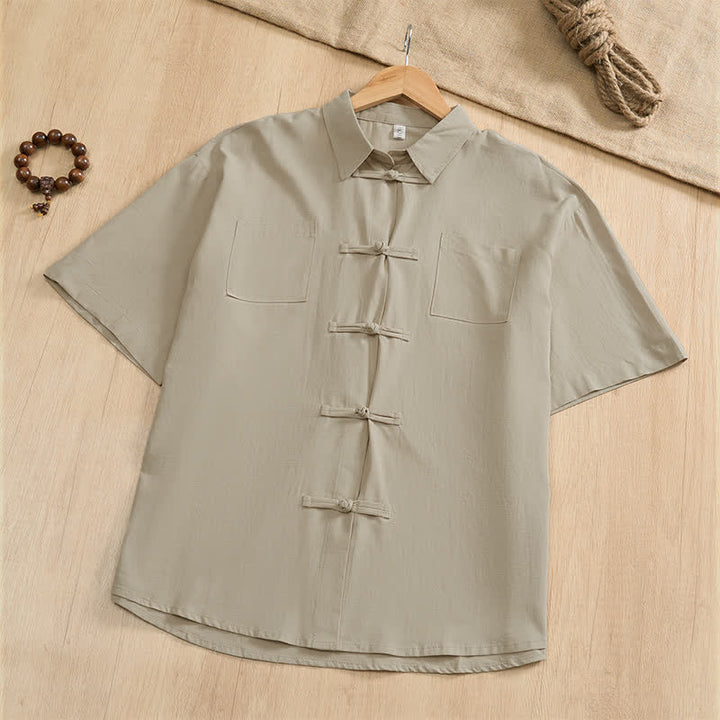 Buddha Stones Summer Casual Tang Style Frog Button Solid Men's Short Sleeve Shirts With Patch Pockets - Beige - US/UK/AU46, EU56 (5XL) - image 24