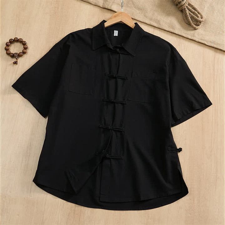 Buddha Stones Summer Casual Tang Style Frog Button Solid Men's Short Sleeve Shirts With Patch Pockets - Black - US/UK/AU46, EU56 (5XL) - image 17