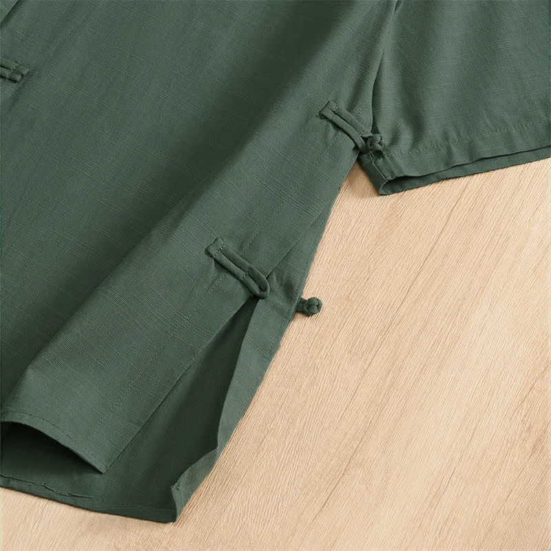 Buddha Stones Summer Casual Tang Style Frog Button Solid Men's Short Sleeve Shirts With Patch Pockets - image 15