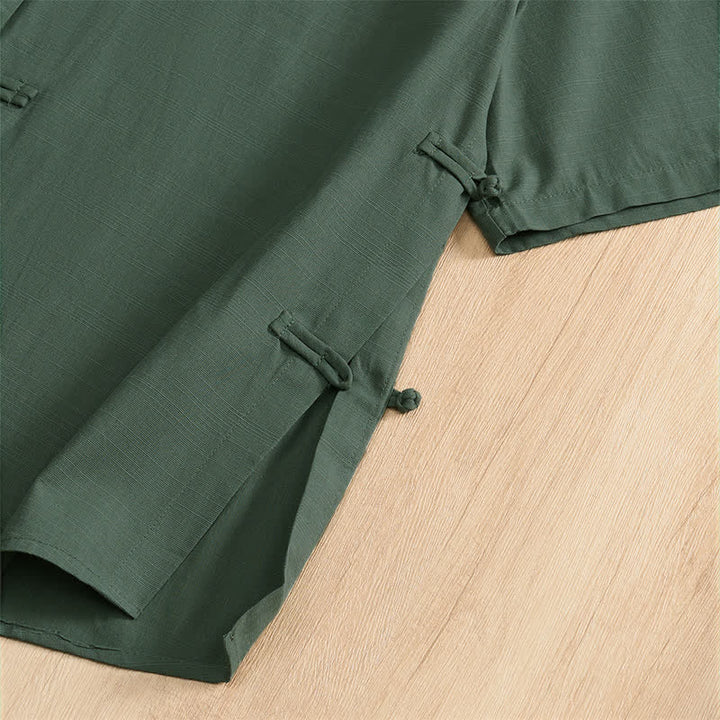 Buddha Stones Summer Casual Tang Style Frog Button Solid Men's Short Sleeve Shirts With Patch Pockets - image 15