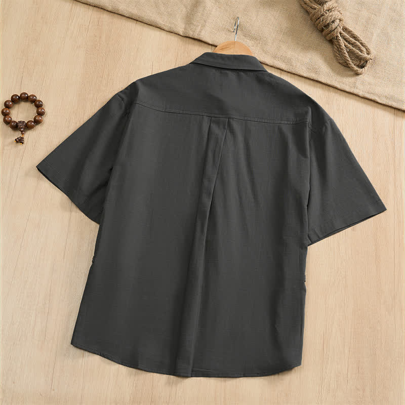 Buddha Stones Summer Casual Tang Style Frog Button Solid Men's Short Sleeve Shirts With Patch Pockets - image 1