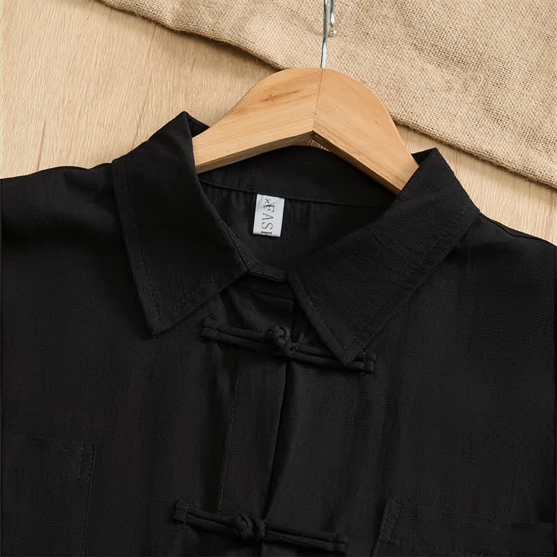 Buddha Stones Summer Casual Tang Style Frog Button Solid Men's Short Sleeve Shirts With Patch Pockets - image 19