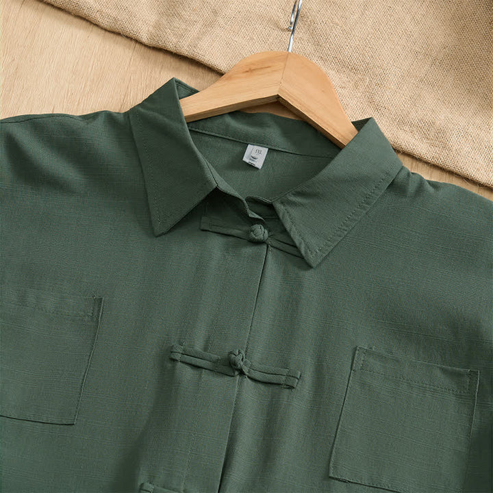 Buddha Stones Summer Casual Tang Style Frog Button Solid Men's Short Sleeve Shirts With Patch Pockets - image 10