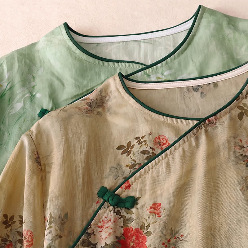 Buddha Stones Spring Summer Vintage Tang Style Frog Button Floral Women's Long Sleeve Shirts - image 20