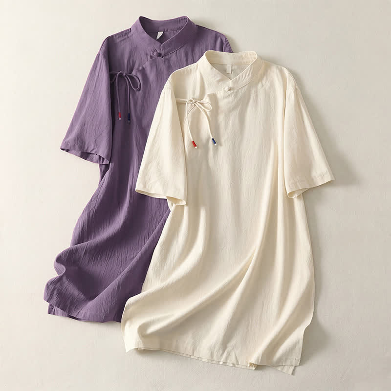 Buddha Stones Summer Casual Tang Style Mandarin Collar Solid Women's Short Sleeve Dresses - image 4