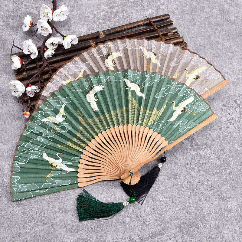 Buddha Stones Vintage Cloud Crane Pattern Handheld Bamboo Folding Fan - image 0
