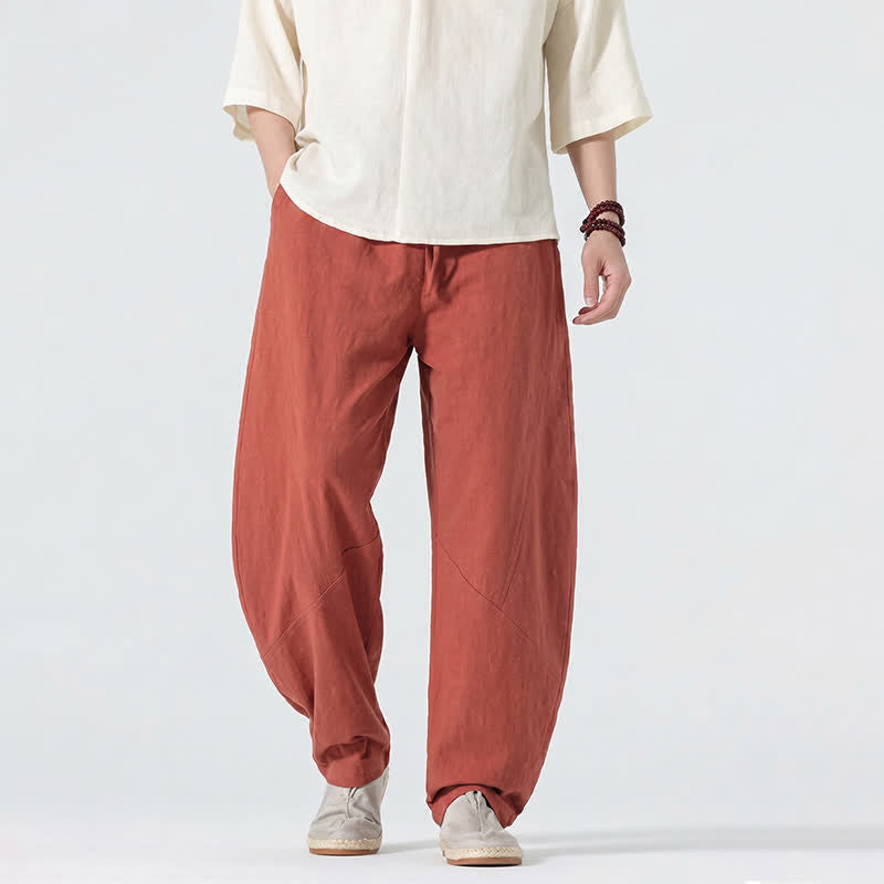 Buddha Stones Spring Summer Casual Minimalist Drawstring Solid Linen Long Pants Men's Straight Leg Pants With Pockets - image 18