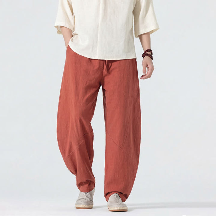 Buddha Stones Spring Summer Casual Minimalist Drawstring Solid Linen Long Pants Men's Straight Leg Pants With Pockets - image 18