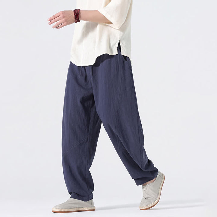 Buddha Stones Spring Summer Casual Minimalist Drawstring Solid Linen Long Pants Men's Straight Leg Pants With Pockets - image 12