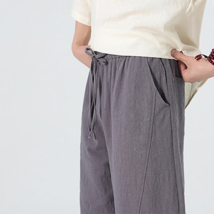 Buddha Stones Spring Summer Casual Minimalist Drawstring Solid Linen Long Pants Men's Straight Leg Pants With Pockets - image 6