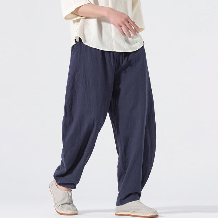 Buddha Stones Spring Summer Casual Minimalist Drawstring Solid Linen Long Pants Men's Straight Leg Pants With Pockets - image 15
