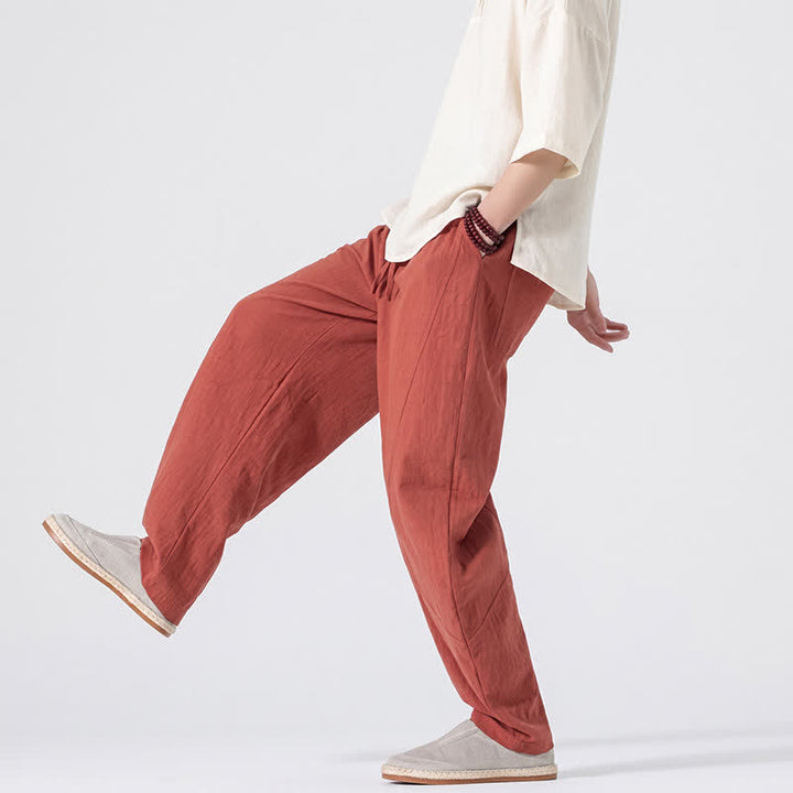 Buddha Stones Spring Summer Casual Minimalist Drawstring Solid Linen Long Pants Men's Straight Leg Pants With Pockets - image 23