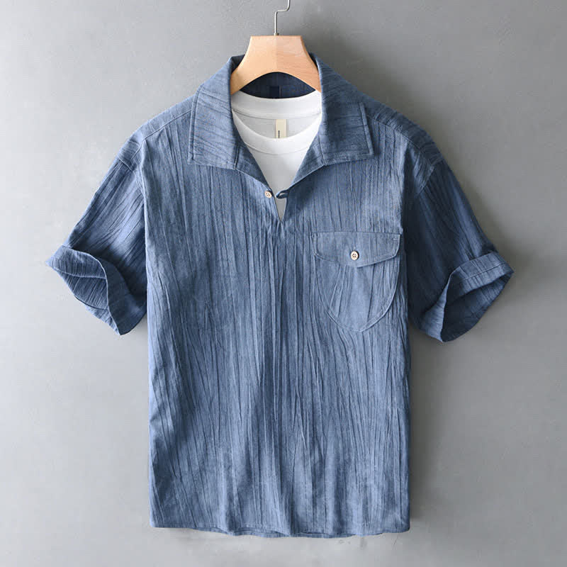 Buddha Stones Summer Casual Washed Solid Men's Short Sleeve Shirts With Pocket - SteelBlue - US/UK/AU44，EU54 (4XL) - image 0