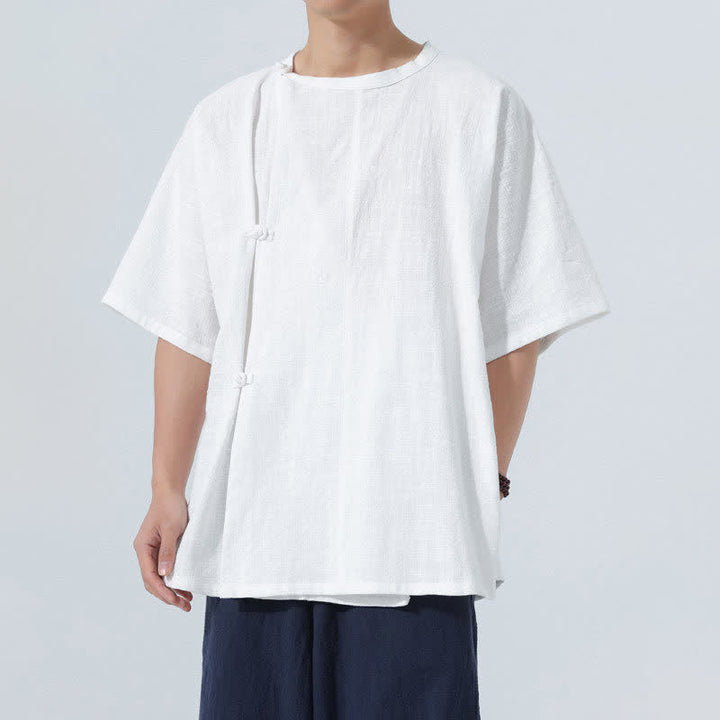 Buddha Stones Summer Tang Style Minimalist Frog Button Solid Cotton Men's Short Sleeve Shirts - White - US/UK/AU46，EU56 (5XL) - image 17