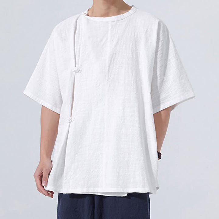 Buddha Stones Summer Tang Style Minimalist Frog Button Solid Cotton Men's Short Sleeve Shirts - image 18