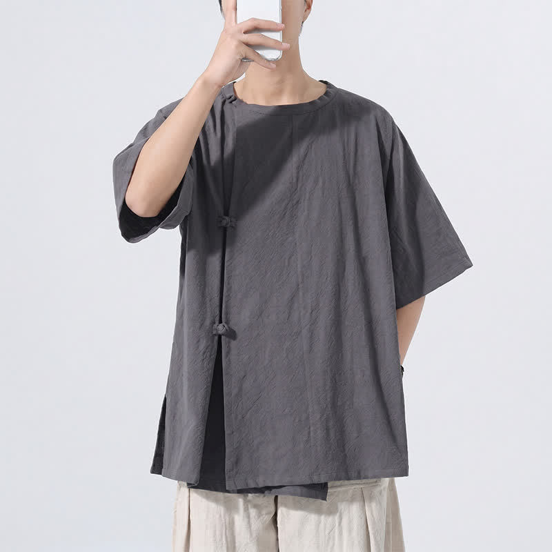 Buddha Stones Summer Tang Style Minimalist Frog Button Solid Cotton Men's Short Sleeve Shirts - image 2