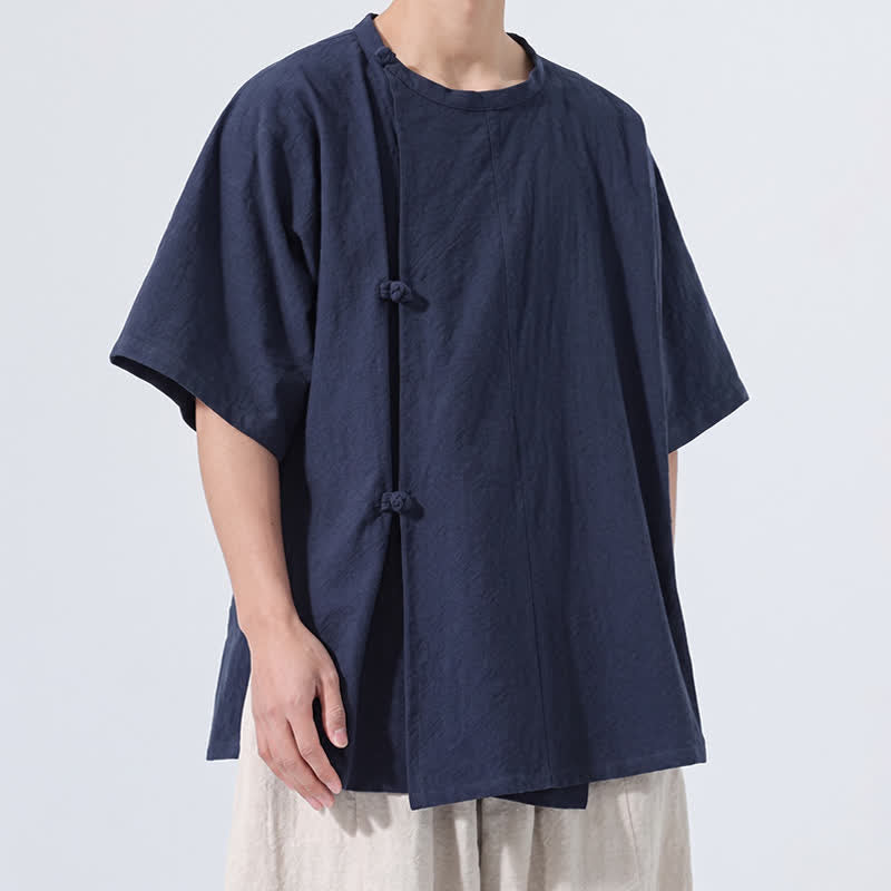 Buddha Stones Summer Tang Style Minimalist Frog Button Solid Cotton Men's Short Sleeve Shirts - image 9