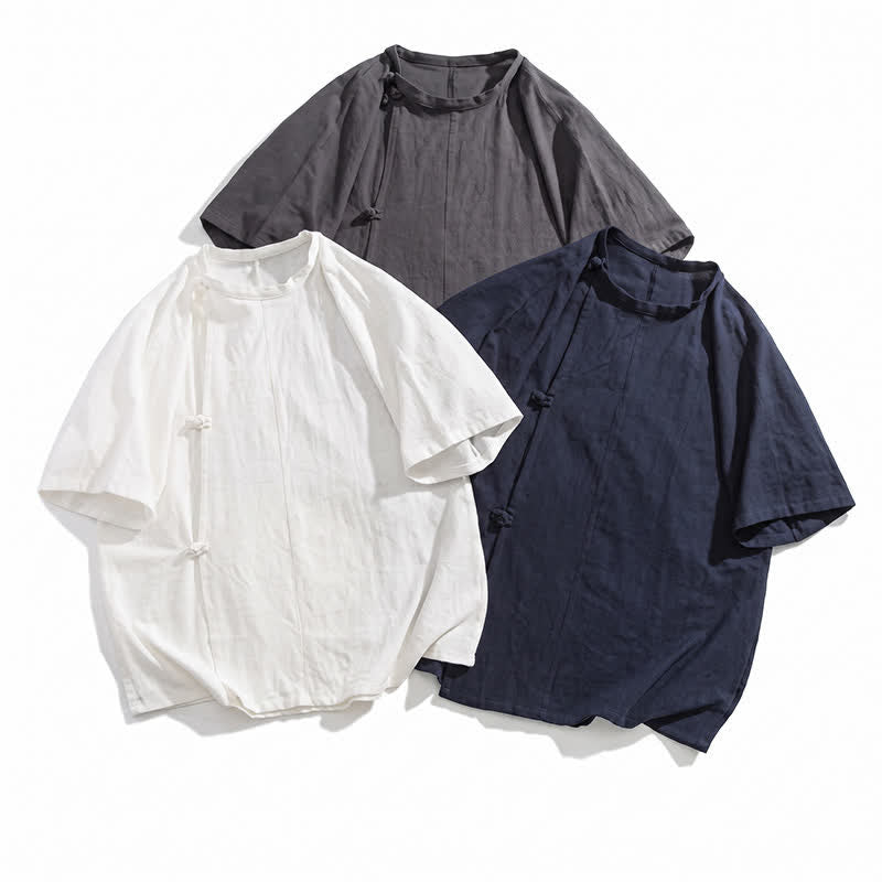 Buddha Stones Summer Tang Style Minimalist Frog Button Solid Cotton Men's Short Sleeve Shirts - image 23