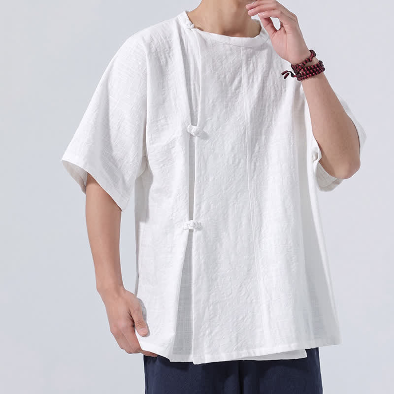 Buddha Stones Summer Tang Style Minimalist Frog Button Solid Cotton Men's Short Sleeve Shirts - image 22