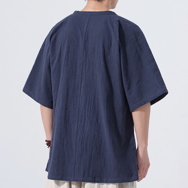 Buddha Stones Summer Tang Style Minimalist Frog Button Solid Cotton Men's Short Sleeve Shirts - image 13