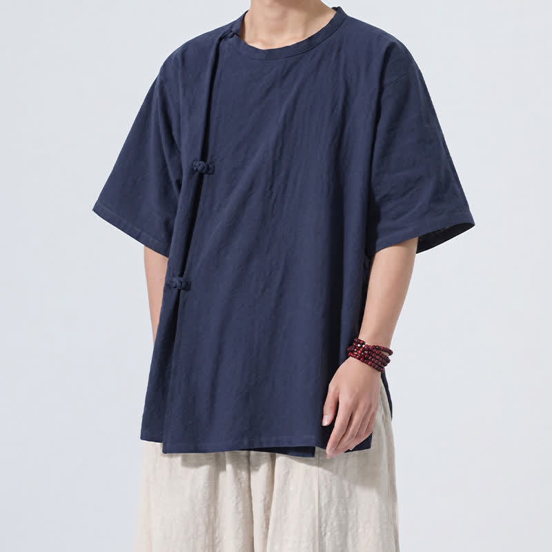 Buddha Stones Summer Tang Style Minimalist Frog Button Solid Cotton Men's Short Sleeve Shirts - image 10