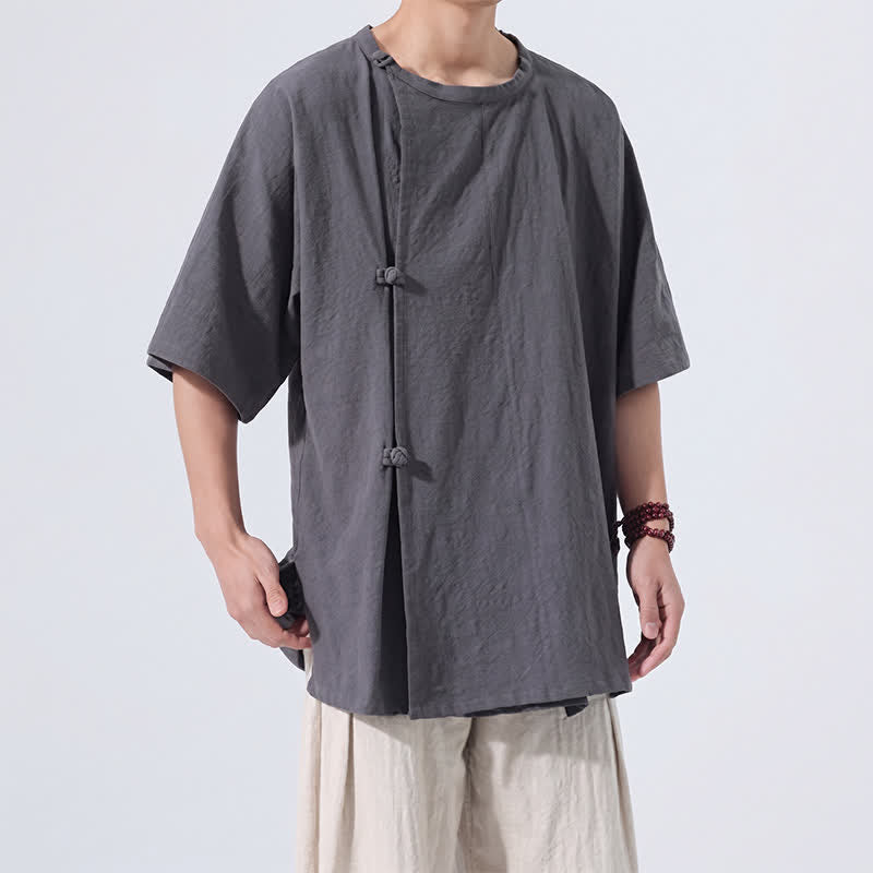 Buddha Stones Summer Tang Style Minimalist Frog Button Solid Cotton Men's Short Sleeve Shirts - image 3