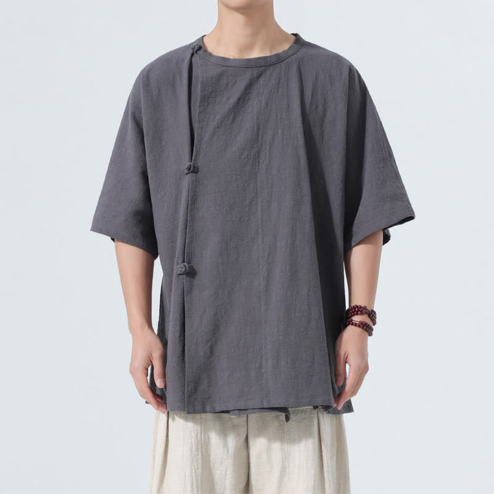 Buddha Stones Summer Tang Style Minimalist Frog Button Solid Cotton Men's Short Sleeve Shirts - image 1