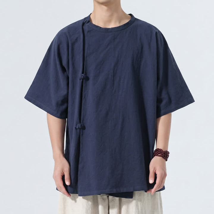 Buddha Stones Summer Tang Style Minimalist Frog Button Solid Cotton Men's Short Sleeve Shirts - image 8