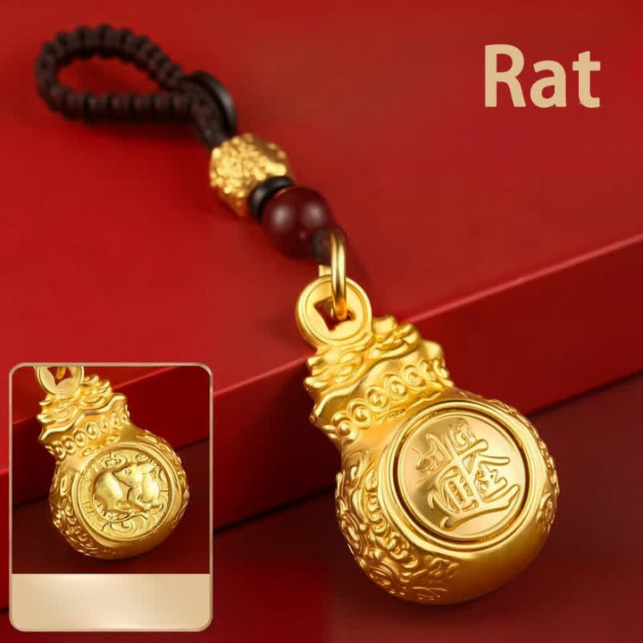 Buddha Stones "Make A Fortune Every Day" Golden Tone Copper Chinese Zodiac Fortune Money Bag Coins Keychains - Rat - image 0