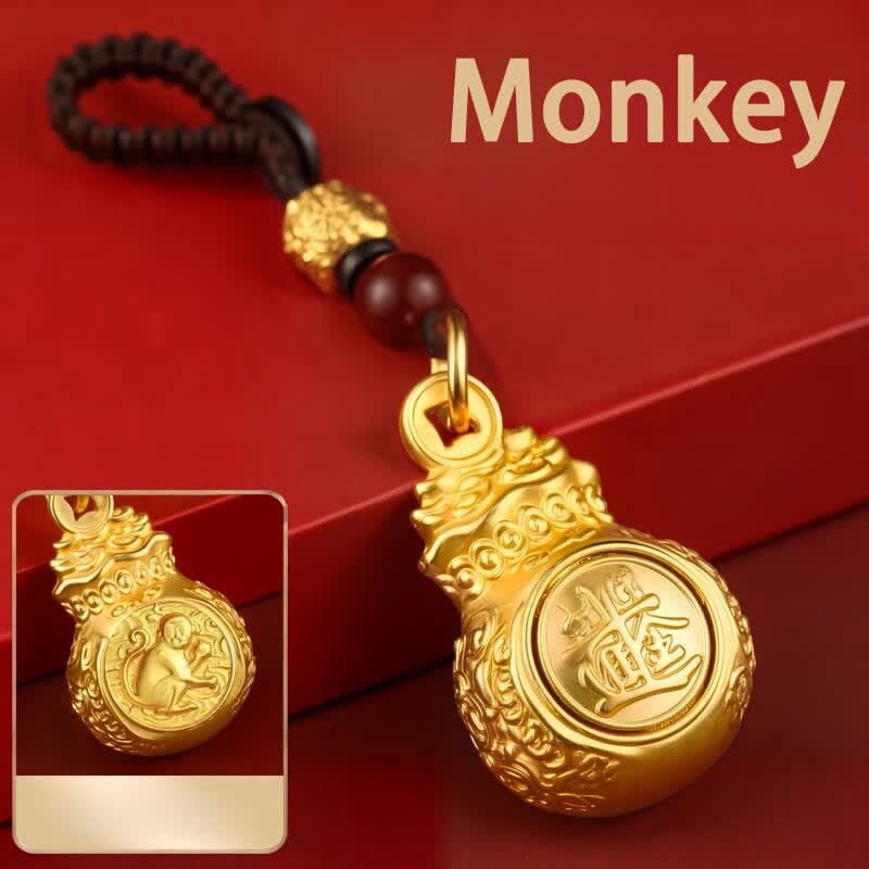 Buddha Stones "Make A Fortune Every Day" Golden Tone Copper Chinese Zodiac Fortune Money Bag Coins Keychains - Monkey - image 25
