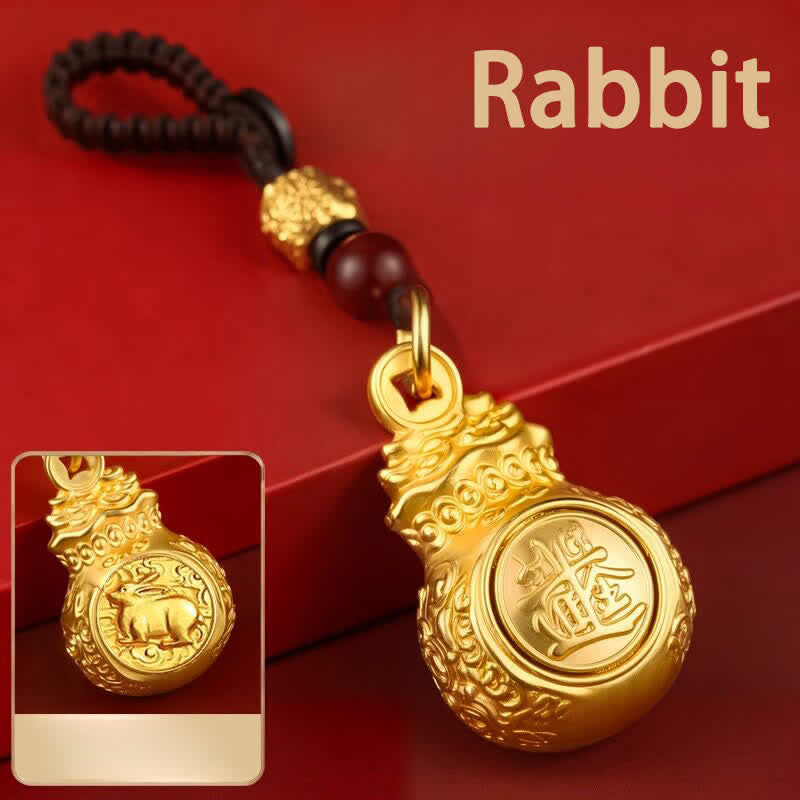 Buddha Stones "Make A Fortune Every Day" Golden Tone Copper Chinese Zodiac Fortune Money Bag Coins Keychains - Rabbit - image 18