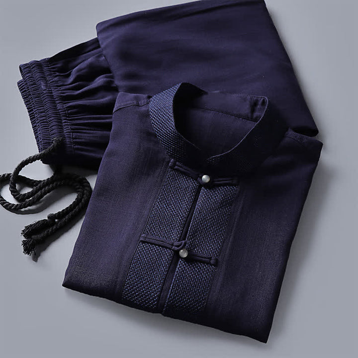 Buddha Stones 2Pcs Spring Tang Style Mandarin Collar Frog Button Solid Long Sleeve Shirt Pants Men's Meditation Cloth With Pockets - image 16