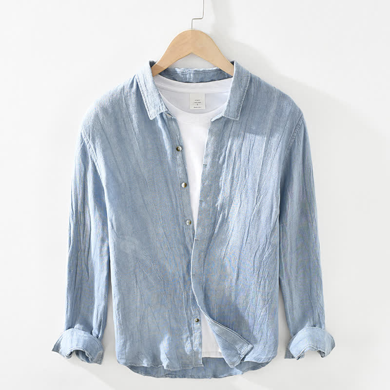 Buddha Stones Spring Casual Button-Up Solid Linen Men's Long Sleeve Shirts - LightSteelBlue - US/UK/AU42，EU52 (3XL) - image 14