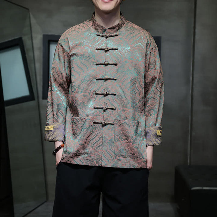 Buddha Stones Fall Winter Tang Style Elegant Mandarin Collar Abstract Wave Pattern Frog Button Men's Jacket With Pockets - LightSeaGreen - US/UK/AU46，EU56 (5XL) - image 24