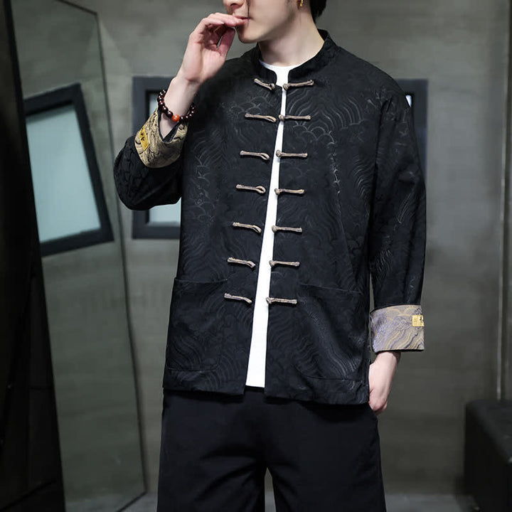 Buddha Stones Fall Winter Tang Style Elegant Mandarin Collar Abstract Wave Pattern Frog Button Men's Jacket With Pockets - image 16