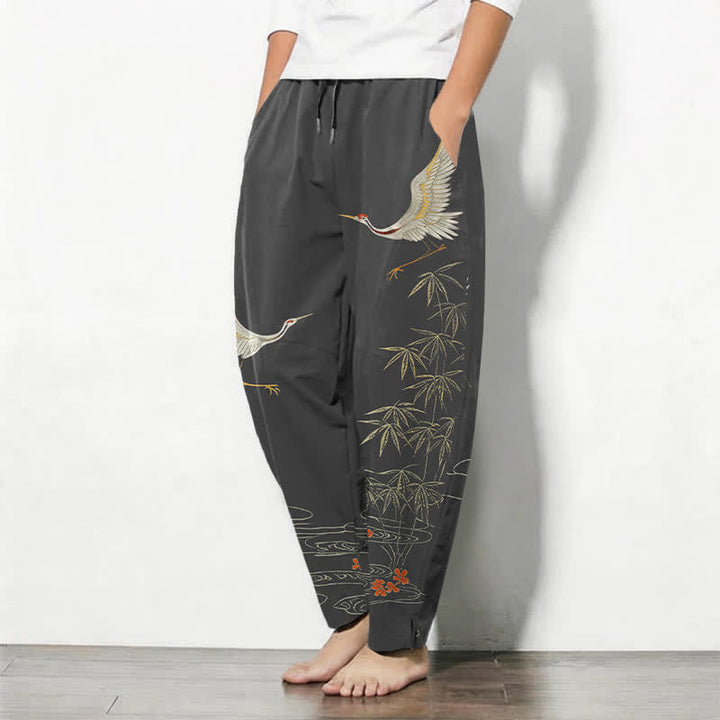 Buddha Stones Pure Cotton Crane Bamboo Wave Pattern Drawstring Men's Tapered Pants With Pockets - image 1