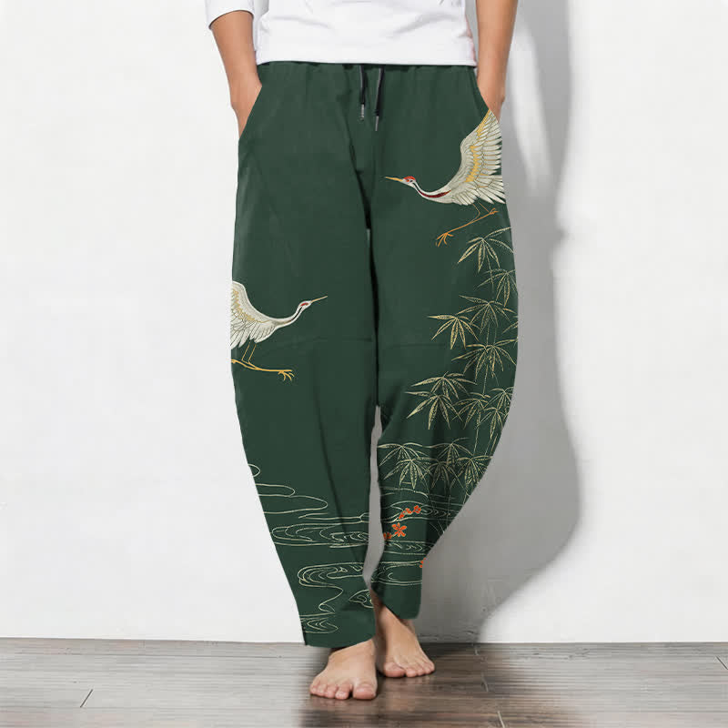 Buddha Stones Pure Cotton Crane Bamboo Wave Pattern Drawstring Men's Tapered Pants With Pockets - DarkGreen - US/UK/AU50，EU60 (5XL) - image 11