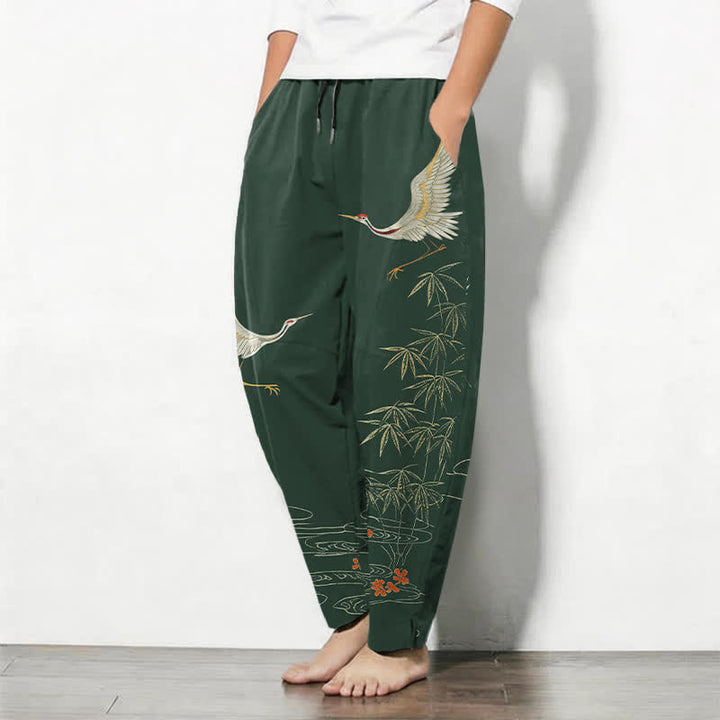 Buddha Stones Pure Cotton Crane Bamboo Wave Pattern Drawstring Men's Tapered Pants With Pockets - image 12